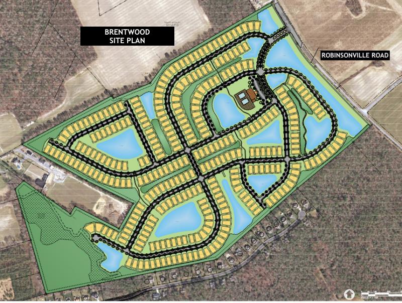 The subdivision site plan for Brentwood includes 304 single-family home lots on 152 acres on the south side of Robinsonville Road near Lewes. GMB GRAPHIC